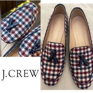 J. CREW Charlie Tassel Loafers Burgandy, White & Navy Blue Tweed Houndstooth 🎉